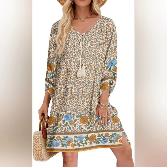 Halife Women's Bohemian Tassel Tie Neck Dress - Picture 1 of 6